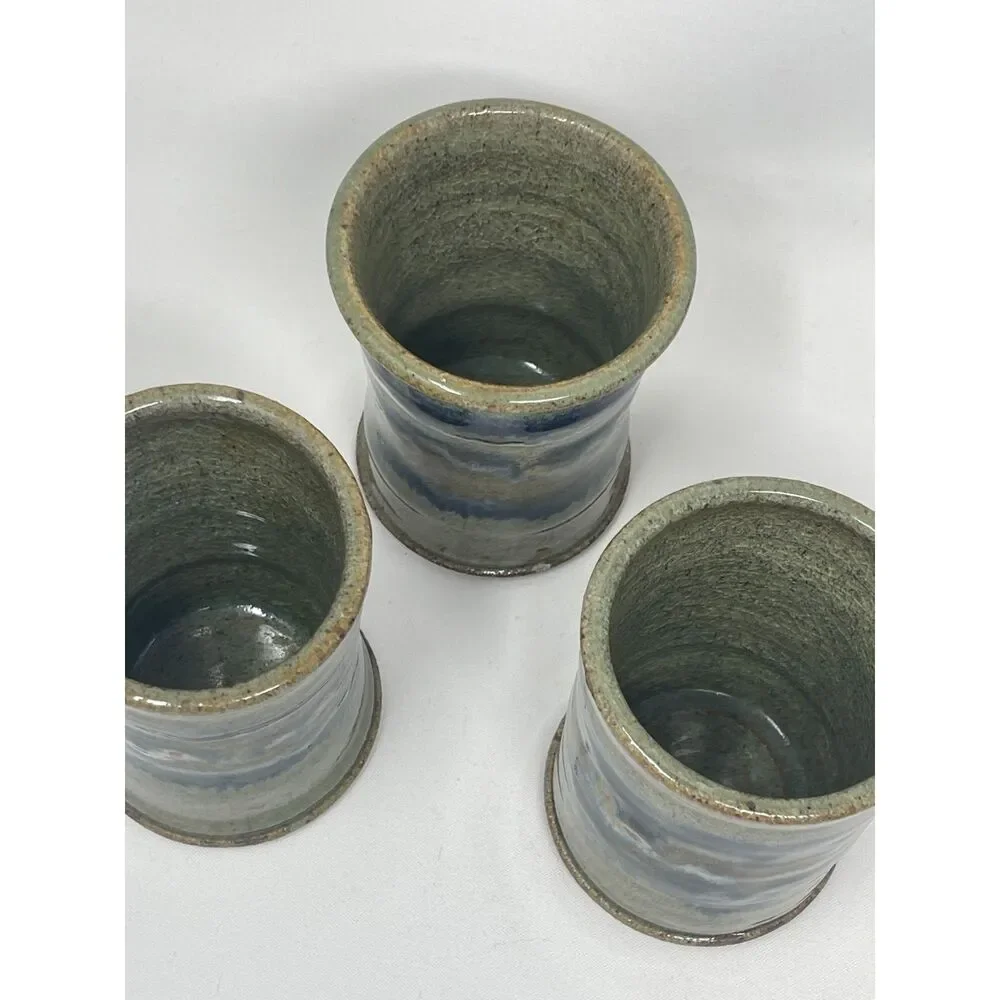 Pottery Air Plant/Vase/Mug Cup Ceramic Clay Handmade Blue Grey Set of 3 Signed